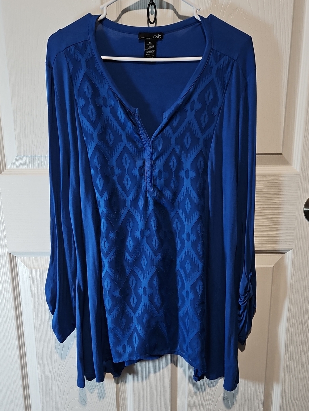 RXB Royal Blue Long-Sleeve V-Neck Tunic with Geometric Texture